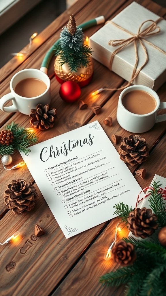 A Christmas wishlist on paper with holiday decorations, cocoa, and gifts.